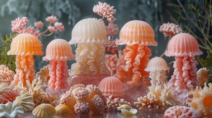 A group of glass jellyfish swim gracefully through a coral reef