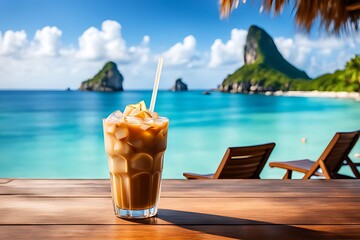 Obraz premium Beach bar's iced cold coffee against a tropical sea view, ai generative