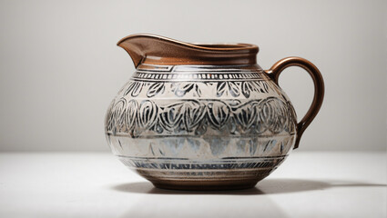 A gray and brown ceramic pitcher with a handle and floral pattern.

