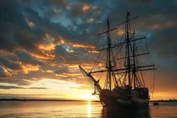 Fototapeta premium Tall Ship, Sailing ship on a calm ocean, digitally rendered illustration, AI generated