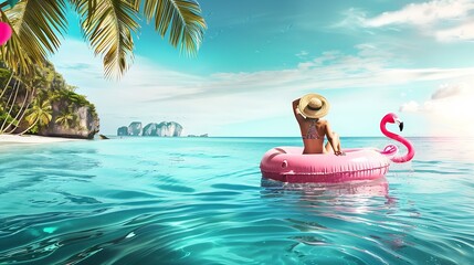 Beach vacation summer Caribbean travel woman sunbathing relaxing with swimming pool pink flamingo float  funny holiday banner panoramic : Generative AI © The Little Hut