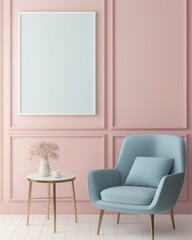 A rectangular white painting hanging on a light pink wall, a luxurious light blue upholstered armchair with a pillow, a coffee table next to it, a modern minimal interior,