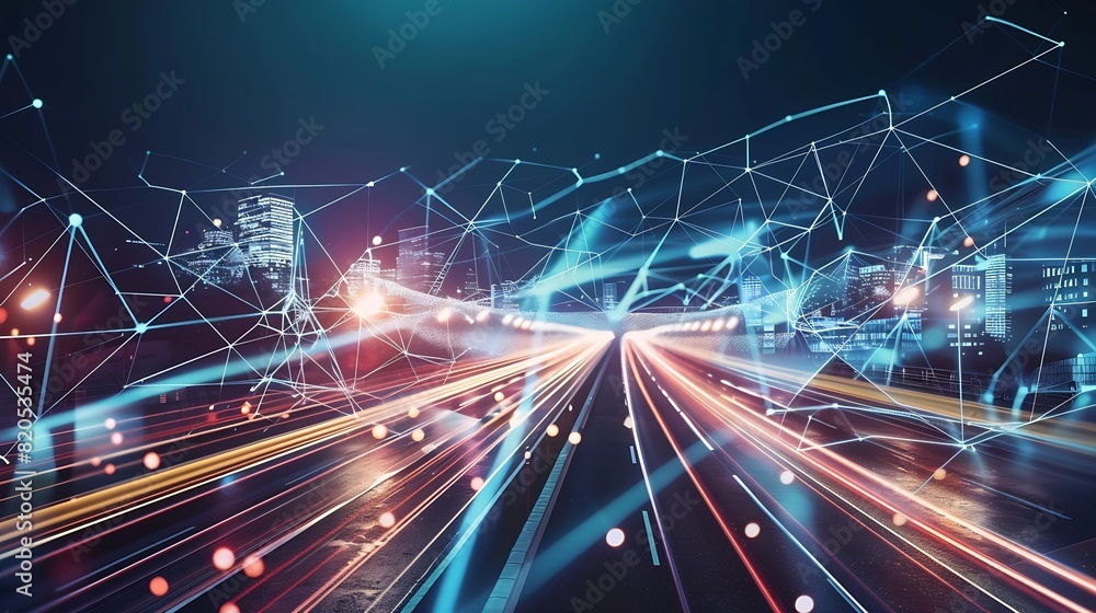 Fototapete Smart city and abstract polygon pattern connection with speed line light big data connection technology concept : Generative AI