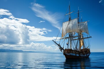 Fototapeta premium Tall Ship, Sailing ship on a calm ocean, digitally rendered illustration, AI generated