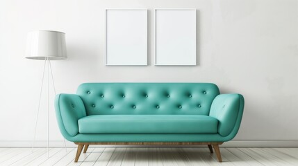 Two rectangular white abstraction paintings hang on a white wall, a luxurious blue upholstered sofa, a modern minimal interior,