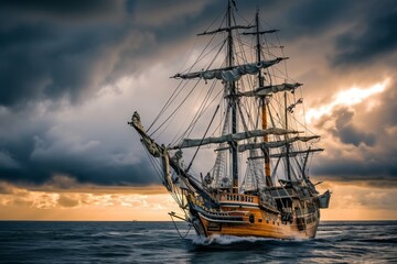 Fototapeta premium Tall Ship, Sailing ship on a calm ocean, digitally rendered illustration, AI generated