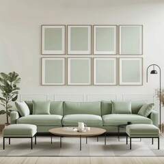 A set of empty mockup paintings on the wall, in the living room, against the background
of a light green sofa with pillows. Minimal modern interior.