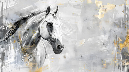 Abstract, artistic background with a vintage illustration of a horse and golden brush strokes.