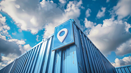 A blue shipping container stands adorned with a single marker, ready to embark on a journey of global trade and commerce