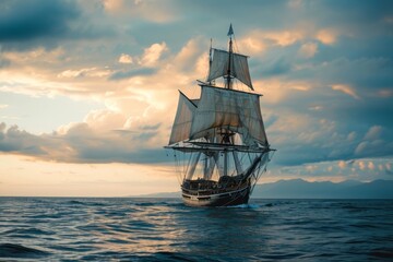 Tall Ship, Sailing ship on a calm ocean, digitally rendered illustration, AI generated