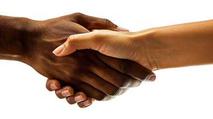 A pair of hands clasping together in a firm grip, fingers intertwined with a sense of unity and support, portrayed in a close-up image against a transparent background