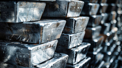 A towering stack of pristine silver bars glistens in a warehouse, reflecting the industrial yet elegant nature of the metal ingots