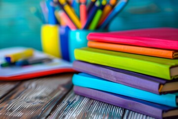 stack of colorful textbooks and stationery on a wooden desk, vibrant and organized, back to school