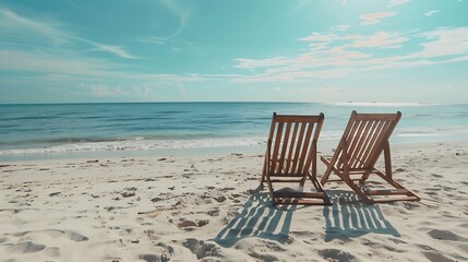 Beautiful beach Chairs on the sandy beach near the sea Summer holiday and vacation concept for tourism Inspirational tropical landscape : Generative AI