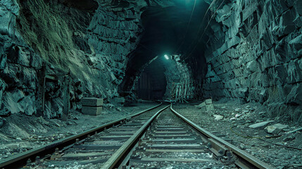 Naklejka premium A majestic train navigates through the depths of a tunnel within an underground cave, surrounded by rock formations and shadows