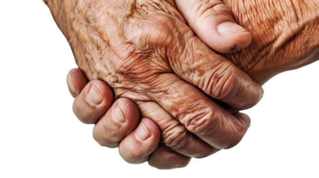 A pair of hands clasping together in a firm grip, fingers intertwined with a sense of unity and support, portrayed in a close-up image against a transparent background
