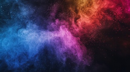 Abstract multicolored powder explosion on black background. Color dust particle splattered on...