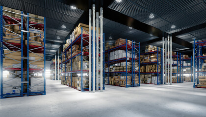 Shelves of goods in a warehouse - 3D Visualization