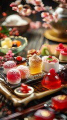 A festive table of Japanese desserts during a celebration, with mochi, castella cake, and fruit jellies artistically arranged