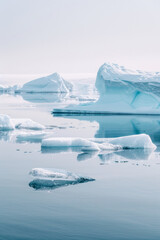 A tranquil icy landscape with icebergs in clean white and blue color tone. 