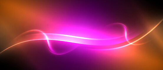 Neon glowing circle rays, light round lines in the dark, planet style neon wave lines. Energetic electric concept design for wallpaper, banner, background