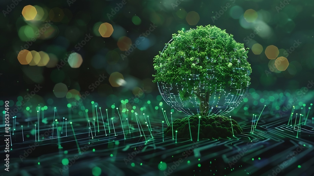 Aufkleber Tree growing on Circuit digital ball Digital and Technology Convergence Blue light and Wireframe network background Green Computing Green Technology Green IT csr and IT ethics Concept : Generative AI