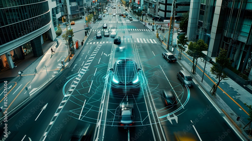 Poster cutting-edge autonomous vehicle sensor ensuring safe urban navigation through advanced blind spot