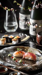 A sophisticated setting of a sushi kaiseki meal, with each course presented on individual ceramic dishes, accompanied by sake in fine glassware