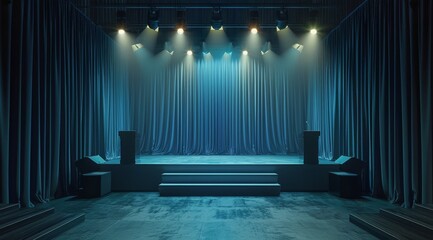 Stage With Blue Curtains and Stage Light