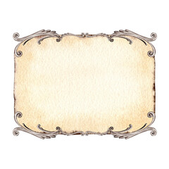 Square shaped vintage copy space template. Antique style decorated frame for your text. Hand drawn watercolor illustration on transparent background. Backdrop for postcards, title signs and designs