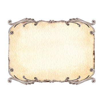 Square shaped vintage copy space template. Antique style decorated frame for your text. Hand drawn watercolor illustration on transparent background. Backdrop for postcards, title signs and designs