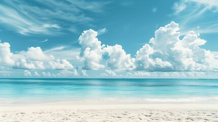 Fototapeta premium Beautiful beach with white sand turquoise ocean water and blue sky with clouds in sunny day Panoramic view Natural background for summer vacation : Generative AI