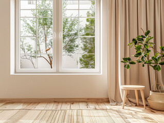 Minimalist interior design composition with a window bathing with natural light a room.