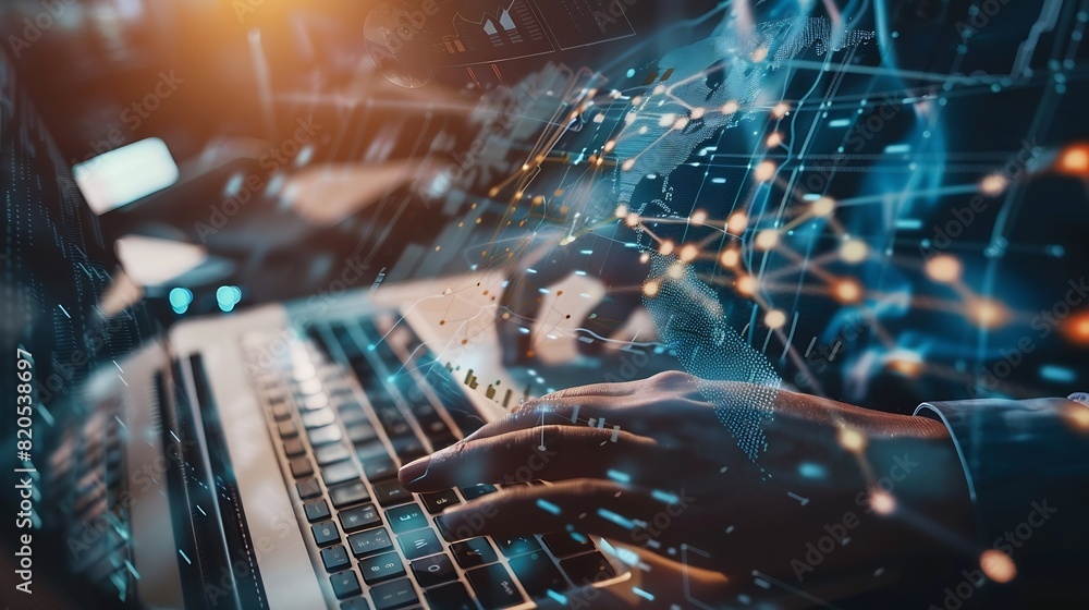 Fototapete Internet network technology digital software development future tech background IoT concept Man using digital tablet and laptop with global network connection computer code : Generative AI