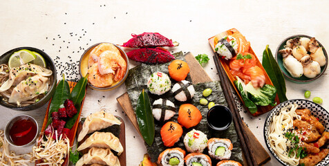 Assortment of japanese traditional dishes. Asian food.