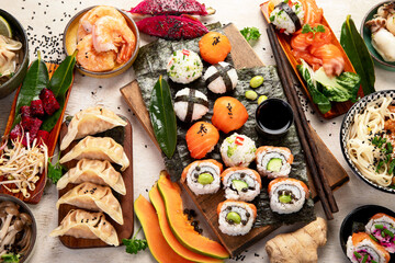 Assortment of japanese traditional dishes. Asian food.