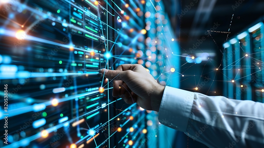 Aufkleber Big data digital technology concept Software engineer touching on virtual internet network connection with data center network server innovative futuristic technology background data m : Generative AI