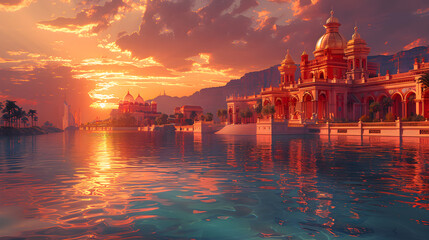 Naklejka premium A view of Atlantis at sunset, with mysterious buildings emerging from the water