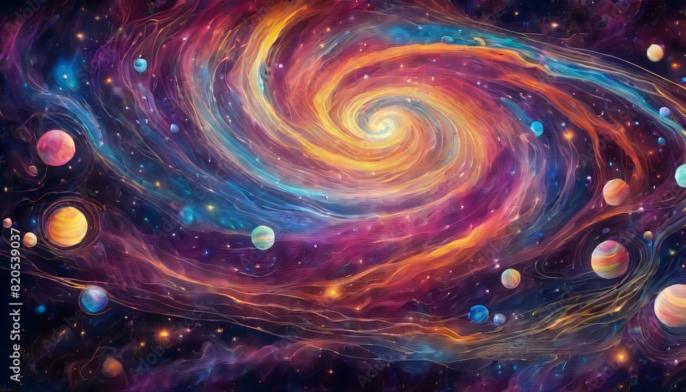 Poster a digital illustration of a swirling galaxy with colorful planets and stars set against a dynamic co