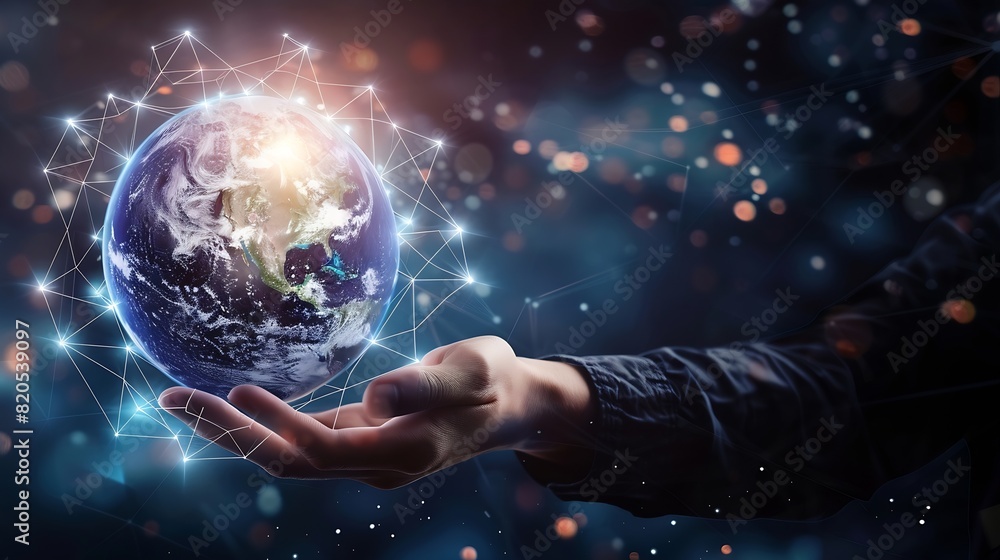 Aufkleber Metaverse TechnologyNext generation technologyGlobal networking connectionscience innovation and communication technologyHand holding earth globe with data exchanges on connection tech : Generative AI