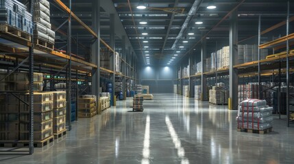 Pallets on the floor of a contemporary warehouse, clean environment, metal racks loaded with products, large open floor plan, vibrant lighting