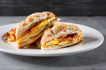 A view of a breakfast sandwich.