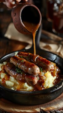 Bangers and mash, sausages with mashed potatoes and gravy, English pub dinner