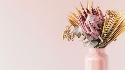 Beautiful dried flower arrangement in a stylish pink vase In the flower bunch is pink King Proteas Banksia Eucalyptus leaves and golden Palm frond photographed on a white background : Generative AI