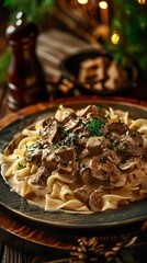Naklejka premium Beef stroganoff, creamy sauce with mushrooms and served over noodles, cozy Russian dacha setting