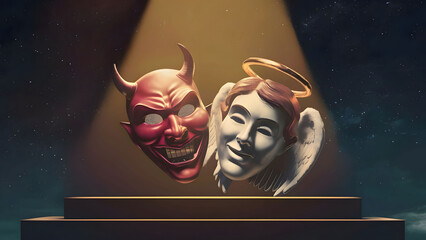 Devil and angel masks on colored background