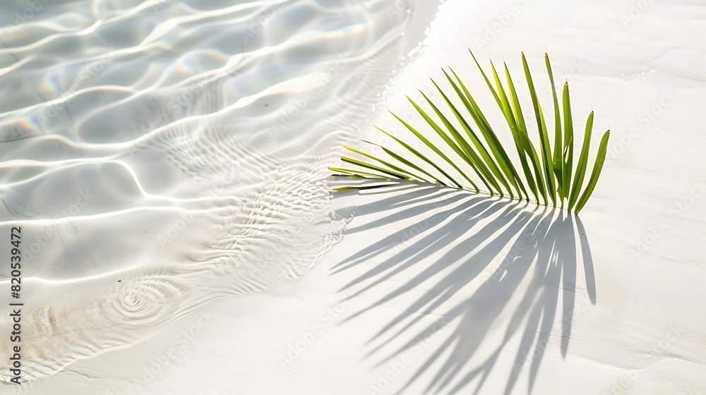 Aufkleber palm leaf shadow on abstract white sand beach background sun lights on water surface beautiful abstr