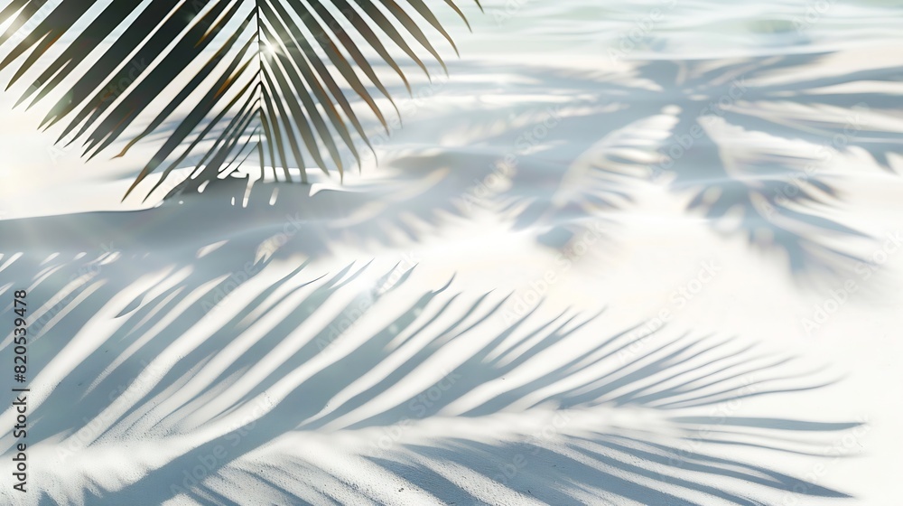 Poster palm leaf shadow on abstract white sand beach background sun lights on water surface beautiful abstr