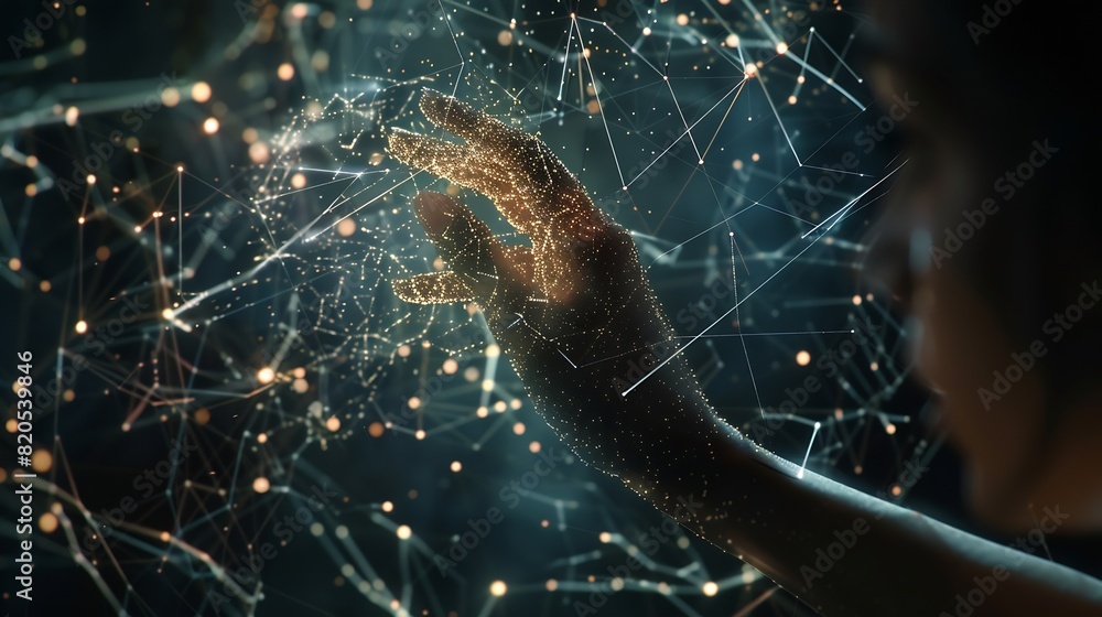 Aufkleber big data concept digital neural networkbusiness woman hand touching introduction of artificial intel