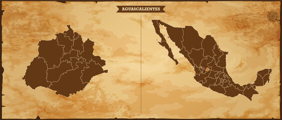 Aguascalientes state map, Mexico map with federal states in A vintage map based background, Political Mexico Map